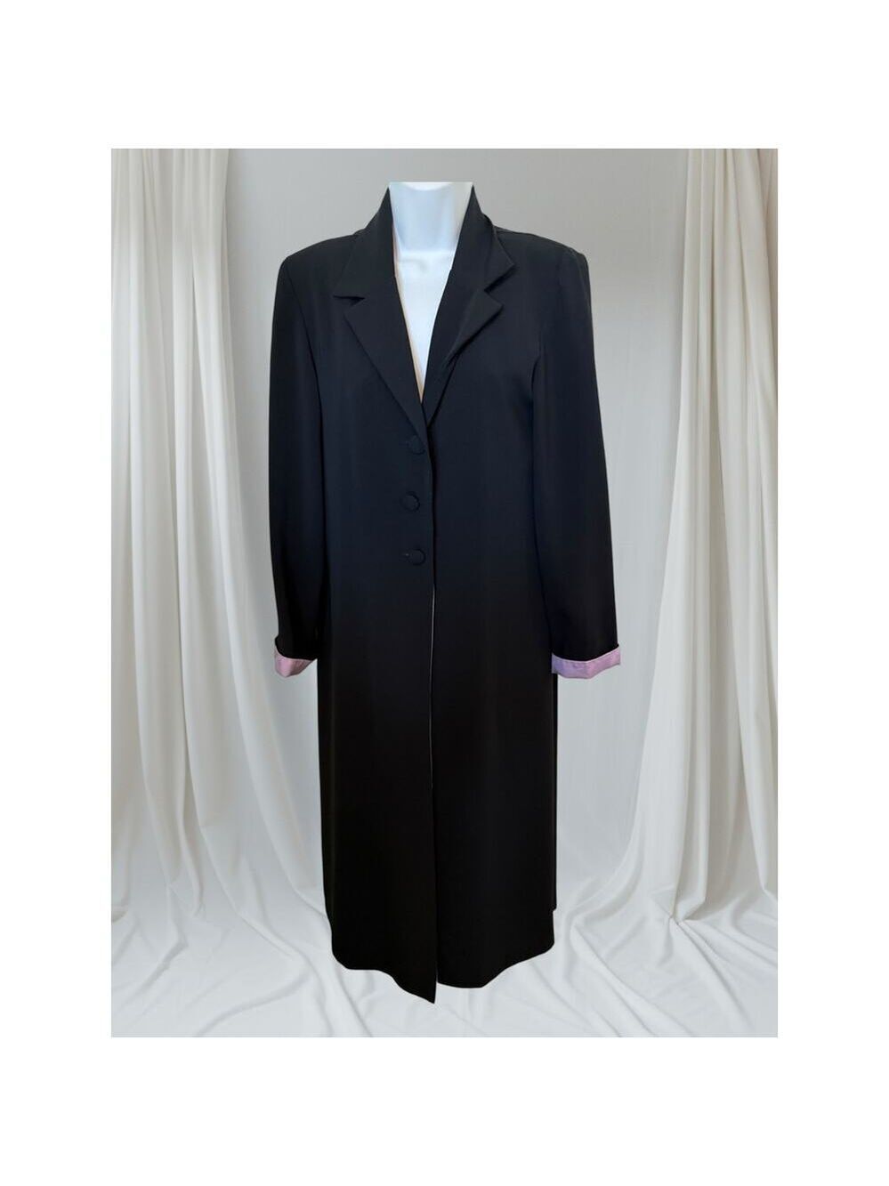 Vtg Lew Magram Collection Long Black Evening Coat with Pink Satin Lining  8